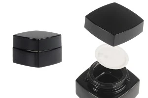 Γυάλινο βάζο 20 ml τετράγωνο πολυτελείας σε μαύρο χρώμα για κρέμα με καπάκι και πλαστικό παρέμβυσμα-1