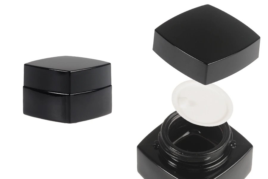 Barattolo di vetro quadrato di lusso da 20 ml di colore nero per crema con coperchio e sigillo in plastica Barattolo di vetro quadrato di lusso da 20 ml di colore nero per crema con coperchio e sigillo in plastica
