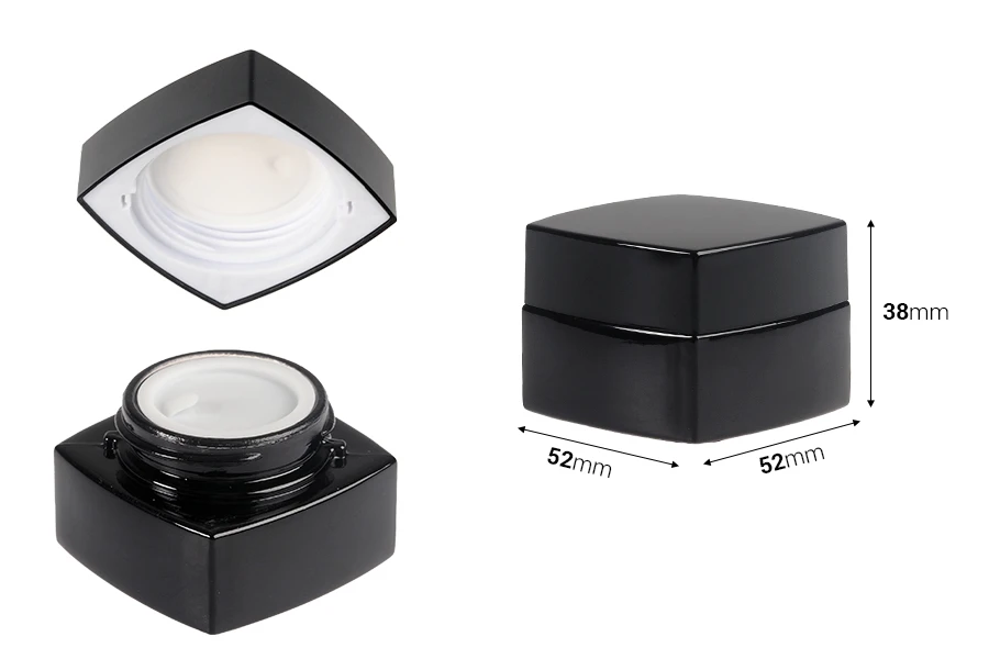 Barattolo di vetro quadrato di lusso da 20 ml di colore nero per crema con coperchio e sigillo in plastica Barattolo di vetro quadrato di lusso da 20 ml di colore nero per crema con coperchio e sigillo in plastica