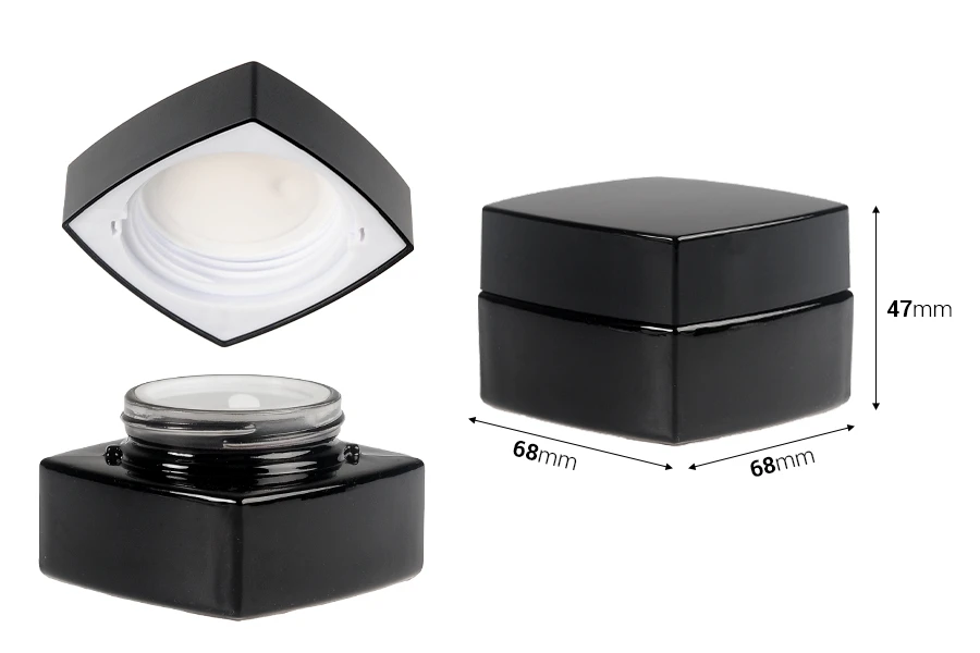 Barattolo di vetro quadrato di lusso da 50 ml di colore nero per crema con coperchio e sigillo in plastica