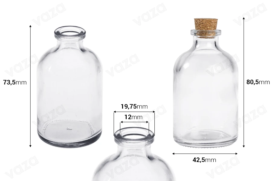 Flacon en verre 55 ml transparent avec bouchon conique naturel-photo_dimensions
