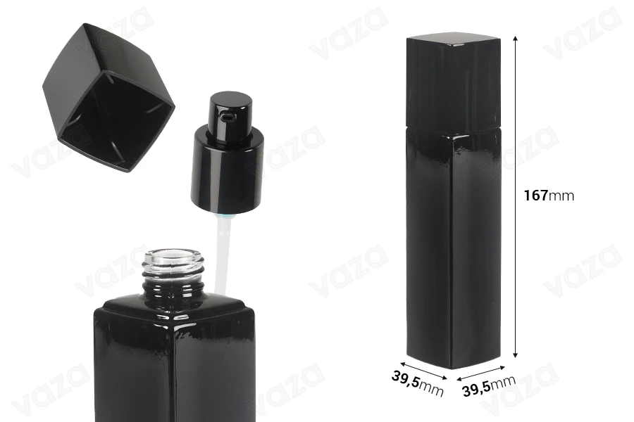 Lussuosa bottiglia in vetro nero da 100 ml con pompa per crema e tappo-dimensioni_immagine