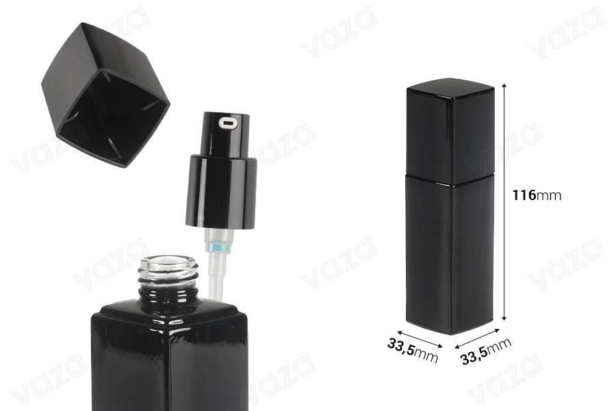 Γυάλινο μπουκάλι 40 ml πολυτελείας σε μαύρο χρώμα με αντλία κρέμας και καπάκι-εικόνα_διαστάσεις
