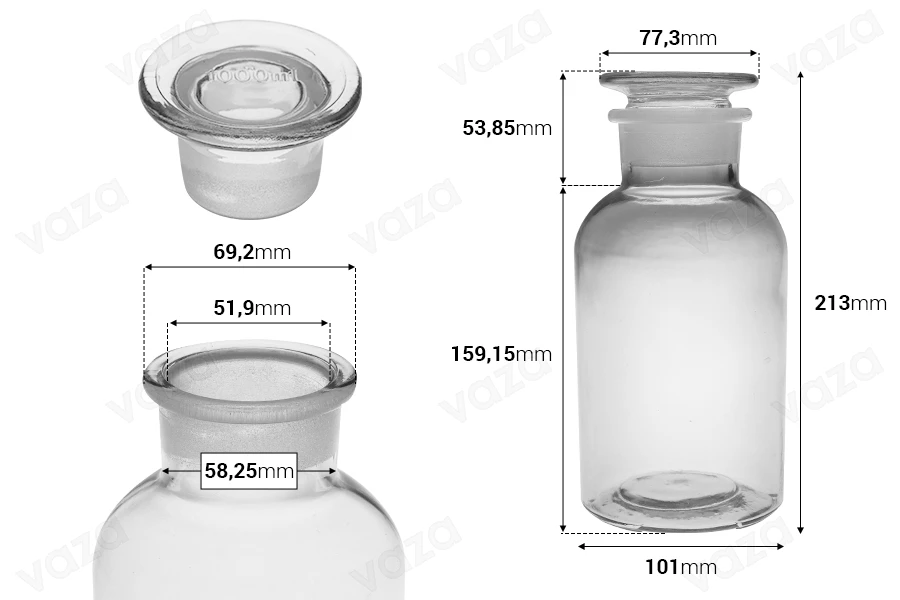 Apothekerflasche 1000ml transparent mit Glasverschluss Apothekerflasche 1000ml transparent mit Glasverschluss-εικόνα_διαστάσεις