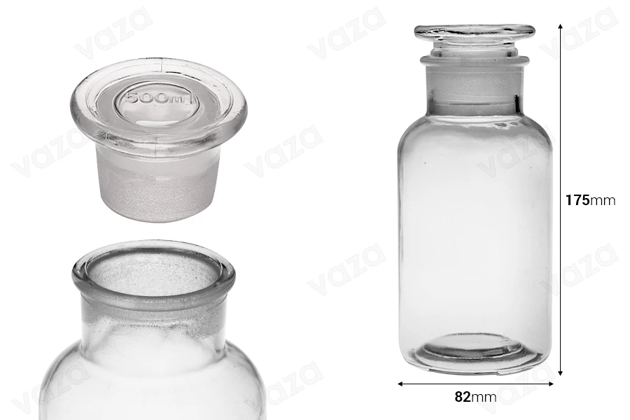 Μπουκάλι φαρμακείου 500 ml διάφανο με γυάλινο καπάκι-εικόνα_διαστάσεις
