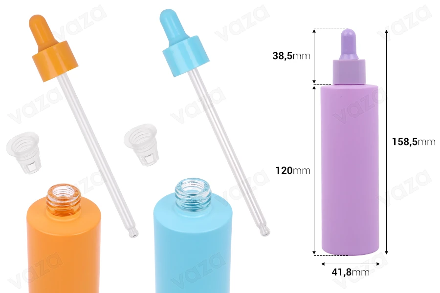 Γυάλινο μπουκαλάκι 100 ml με σταγονόμετρο σε ΜΑΤ παστέλ χρώματα και αποστραγγιστήρα-εικόνα_διαστάσεις