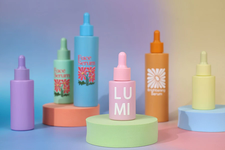 Flacon en verre de 30 ml avec compte-gouttes aux couleurs pastel mates