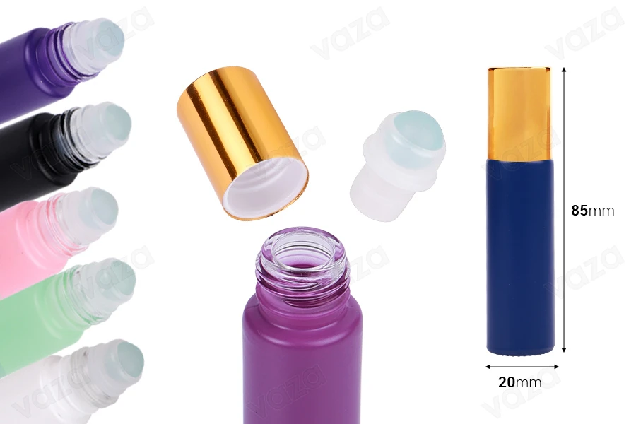 Glass rollon bottle 10 ml with glass ball in various matte colors Glass rollon bottle 10 ml with glass ball in various matte colors-image_dimensions