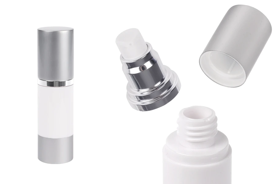 30 ml Airless-Flasche für Creme, mit weißem Körper, Verschluss und silbernem Aluminiumboden 30 ml Airless-Flasche für Creme, mit weißem Körper, Verschluss und silbernem Aluminiumboden