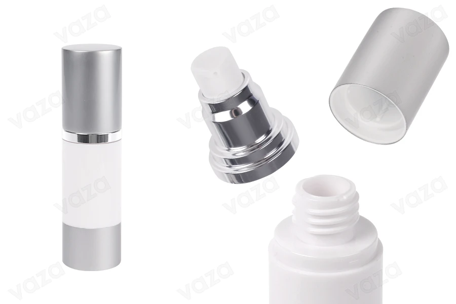 Flacon airless 30 ml pour crème, avec corps blanc, bouchon et base en aluminium argenté Flacon airless 30 ml pour crème, avec corps blanc, bouchon et base en aluminium argenté-photo_produit