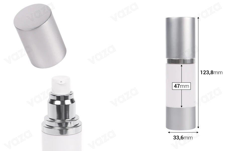 Flacon airless 30 ml pour crème, avec corps blanc, bouchon et base en aluminium argenté Flacon airless 30 ml pour crème, avec corps blanc, bouchon et base en aluminium argenté-photo_dimensions