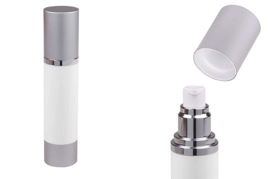 Μπουκάλι airless 50 ml για κρέμα, με λευκό σώμα, καπάκι και βάση αλουμινίου σε ασημί χρώμα Μπουκάλι airless 50 ml για κρέμα, με λευκό σώμα, καπάκι και βάση αλουμινίου σε ασημί χρώμα