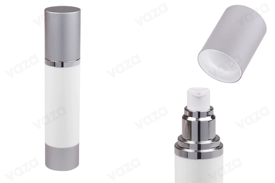 Μπουκάλι airless 50 ml για κρέμα, με λευκό σώμα, καπάκι και βάση αλουμινίου σε ασημί χρώμα Μπουκάλι airless 50 ml για κρέμα, με λευκό σώμα, καπάκι και βάση αλουμινίου σε ασημί χρώμα-εικόνα_προϊοντική