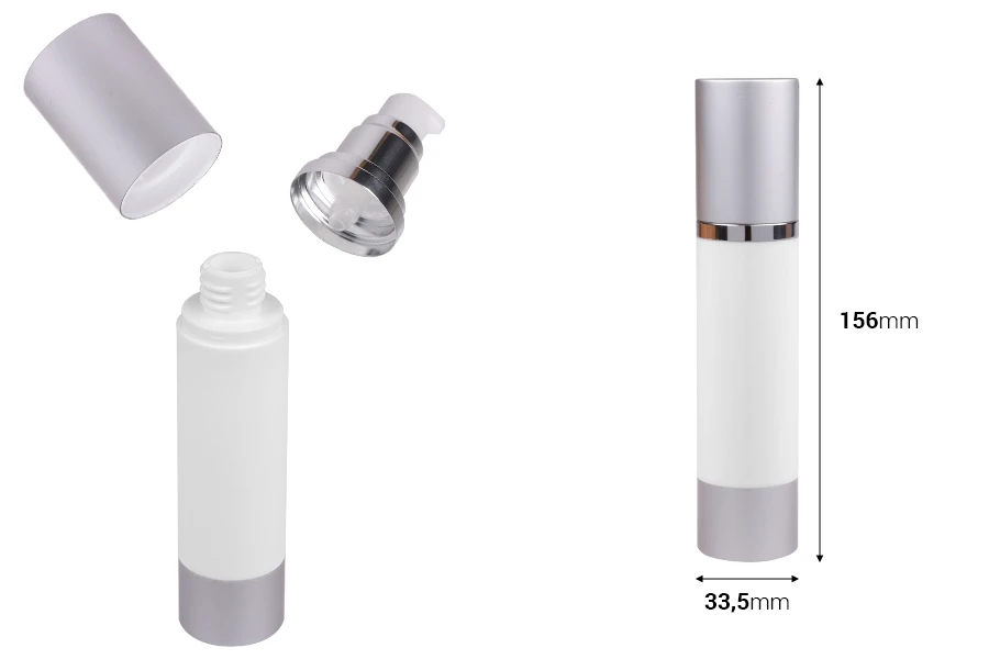Μπουκάλι airless 50 ml για κρέμα, με λευκό σώμα, καπάκι και βάση αλουμινίου σε ασημί χρώμα Μπουκάλι airless 50 ml για κρέμα, με λευκό σώμα, καπάκι και βάση αλουμινίου σε ασημί χρώμα