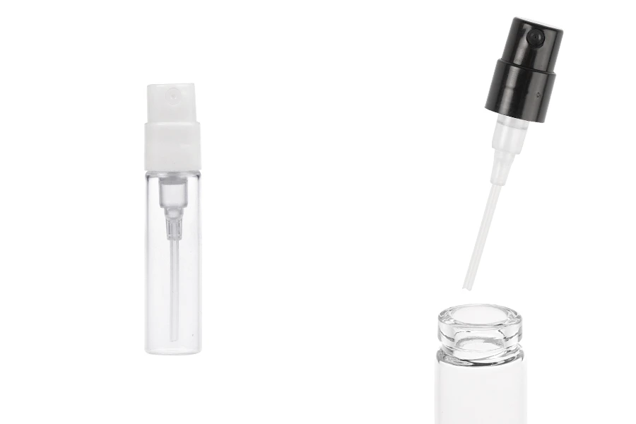 Γυάλινο διάφανο φιαλίδιο 2 ml (κουμπωτό) με λευκό ή μαύρο σπρέι για tester αρωμάτων - 100 τμχ