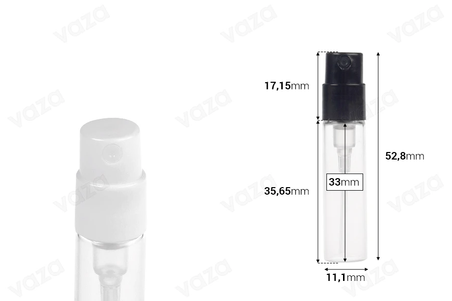 2ml transparent glass tester bottle (snap-on neck) with white or black spray for perfumes - 100 pcs 2ml transparent glass tester bottle (snap-on neck) with white or black spray for perfumes - 100 pcs-εικόνα_διαστάσεις