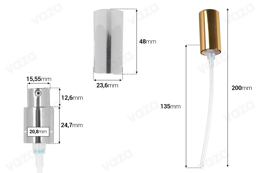 Aluminum cream pump with nozzle and PP18 finish, available in different colors.-image_dimensions