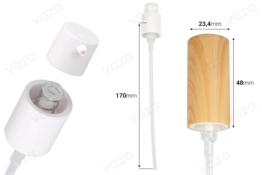 PP18/410 plastic pump in wood design with external spring suitable for cream (injection)-εικόνα_διαστάσεις