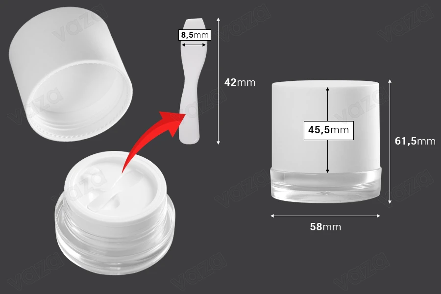 Pot en acrylique de 30 ml de couleur blanche avec couvercle en plastique, joint et spatule. Pot en acrylique de 30 ml de couleur blanche avec couvercle en plastique, joint et spatule.-photo_dimensions