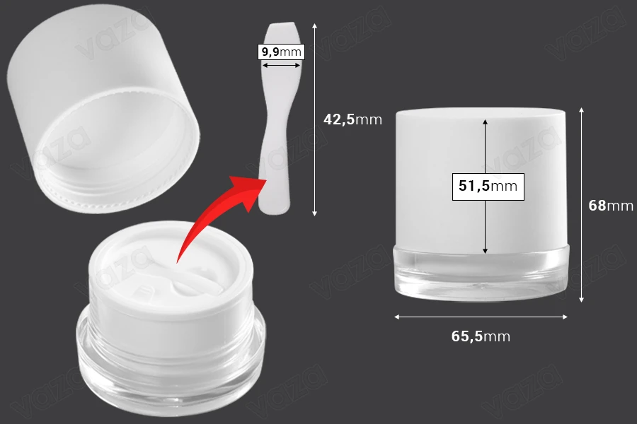 Pot en acrylique de 50 ml de couleur blanche avec couvercle en plastique, joint et spatule. Pot en acrylique de 50 ml de couleur blanche avec couvercle en plastique, joint et spatule.-εικόνα_διαστάσεις