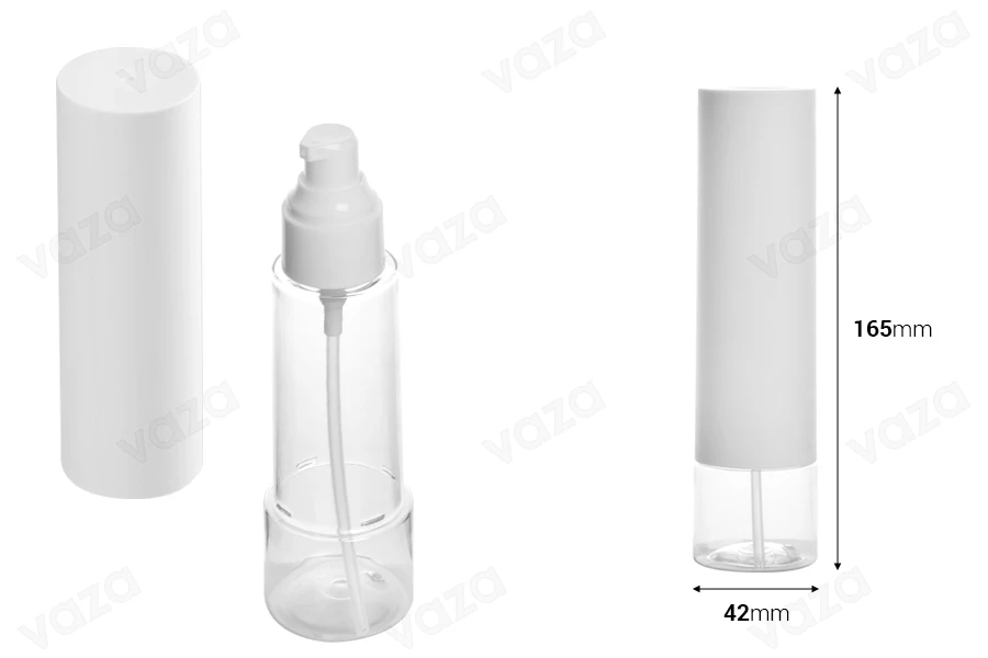 Bottiglia trasparente in PET da 100 ml, dotata di una pompetta per la creme e di un tappo esterno bianco. Bottiglia trasparente in PET da 100 ml, dotata di una pompetta per la creme e di un tappo esterno bianco.-dimensioni_immagine