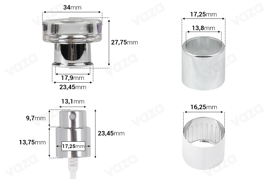Set spray with clear luxury cap for perfume bottles with crimp safety closure 15 mm Set spray with clear luxury cap for perfume bottles with crimp safety closure 15 mm-image_dimensions