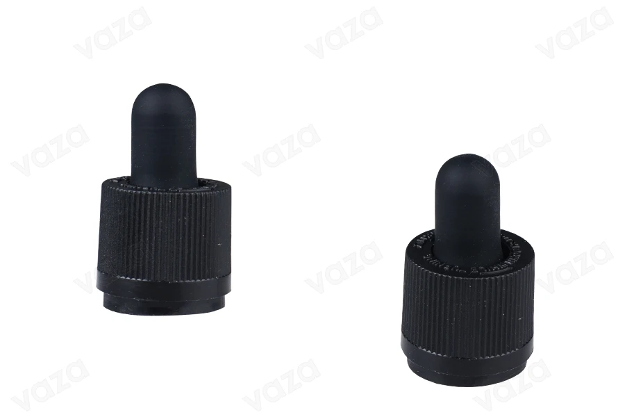 Plastic matte black child-resistant rubber head cap for dropper bottles with PP18 finish Plastic matte black child-resistant rubber head cap for dropper bottles with PP18 finish-image_product