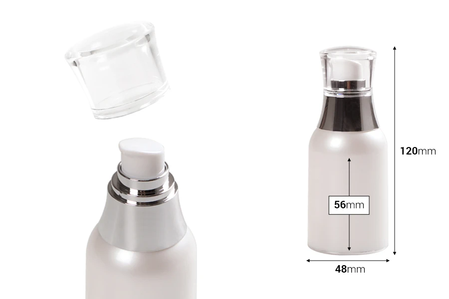 Bottiglia airless da 50 ml con pompetta per crema e tappo trasparente.