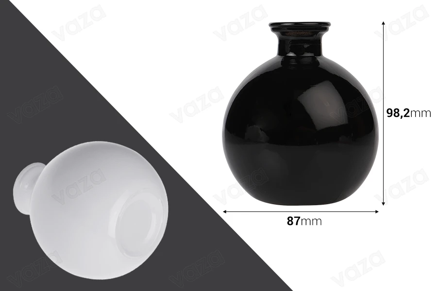 Shishe qelqi 250 ml dhe formë sferike për aromatizues ambienti  -imazh_dimensione