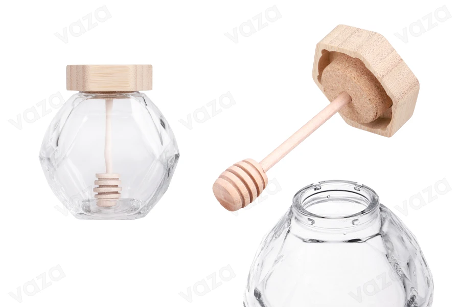 Γυάλινο βάζο 205 ml με ξύλινο φελλό και dipper για μέλι-εικόνα_προϊοντική
