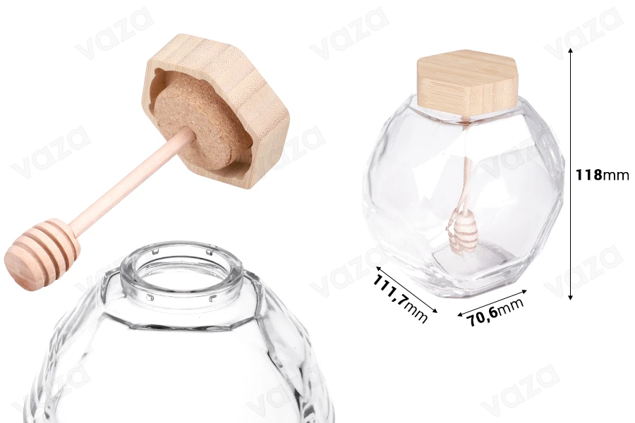 Γυάλινο βάζο 380 ml με ξύλινο φελλό και dipper για μέλι Γυάλινο βάζο 380 ml με ξύλινο φελλό και dipper για μέλι-εικόνα_διαστάσεις