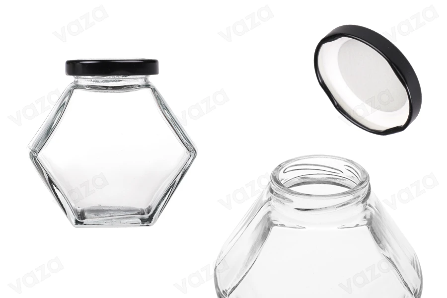 Glasgefäß 200ml sechseckig mit schwarzem Deckel - 6 Stk-produktbild