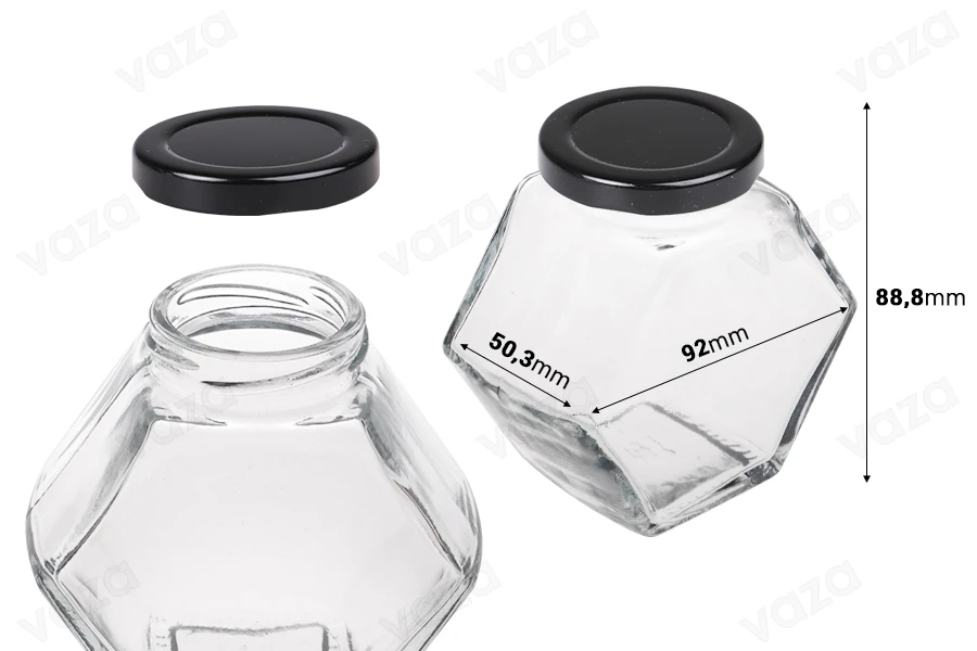 Glasgefäß 200ml sechseckig mit schwarzem Deckel - 6 Stk-bildabmessungen