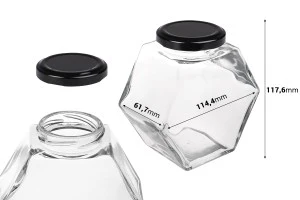 Βάζο γυάλινο 380 ml εξάγωνο με μαύρο καπάκι - 6 τμχ-2