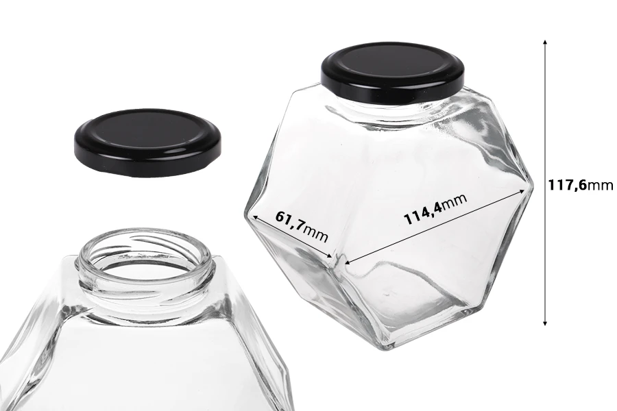 Βάζο γυάλινο 380 ml εξάγωνο με μαύρο καπάκι - 6 τμχ Βάζο γυάλινο 380 ml εξάγωνο με μαύρο καπάκι - 6 τμχ