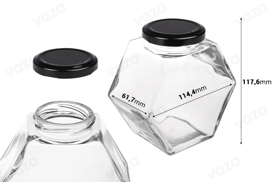 Glass jar 380 ml hexagon with black lid - 6 pcs-image_dimensions