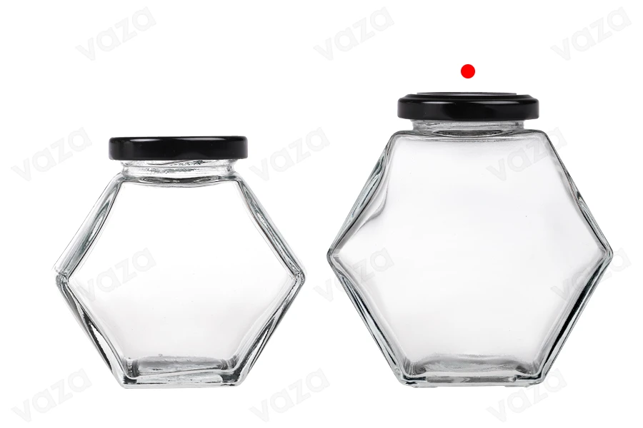 Glass jar 380 ml hexagon with black lid - 6 pcs-image_group