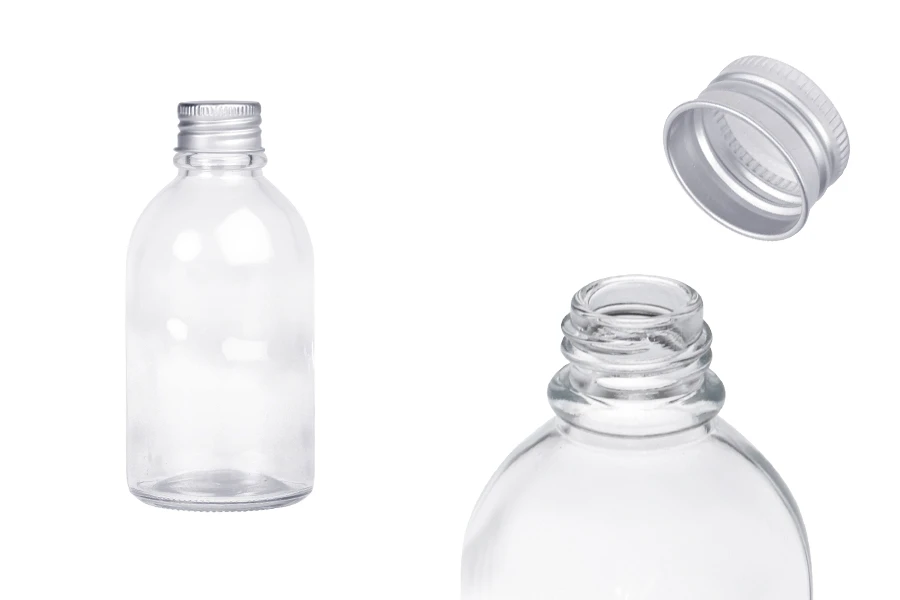 Μπουκάλι γυάλινο στρογγυλό 100ml με καπάκι αλουμινίου - 6 τμχ