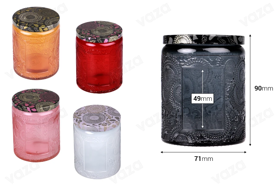 Γυάλινο ανάγλυφο βάζο 230 ml κυλινδρικό με καπάκι αλουμινίου σε διάφορα χρώματα-εικόνα_διαστάσεις