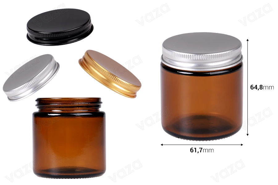 Glasgefäß 100ml Karamell mit Aluminiumdeckel und Inneneinsatz – 6 Stück Glasgefäß 100ml Karamell mit Aluminiumdeckel und Inneneinsatz – 6 Stück-εικόνα_διαστάσεις