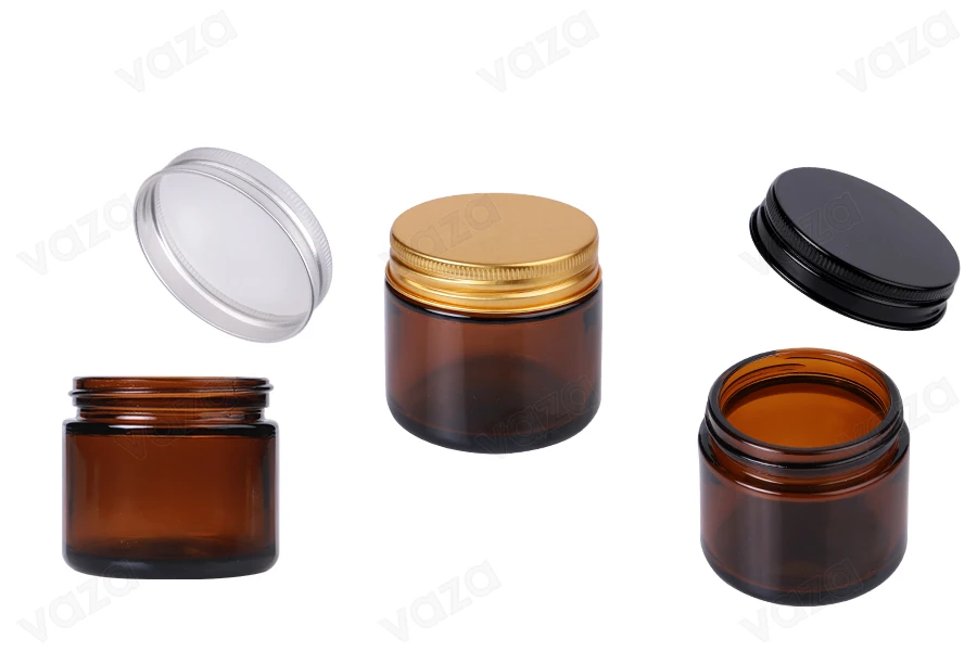 Glasbehälter 60 ml Karamell mit Aluminiumdeckel und Inneneinsatz Glasbehälter 60 ml Karamell mit Aluminiumdeckel und Inneneinsatz-produktbild