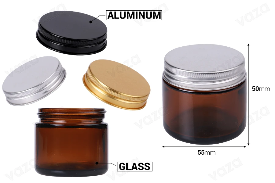 Glasbehälter 60 ml Karamell mit Aluminiumdeckel und Inneneinsatz Glasbehälter 60 ml Karamell mit Aluminiumdeckel und Inneneinsatz-bildabmessungen