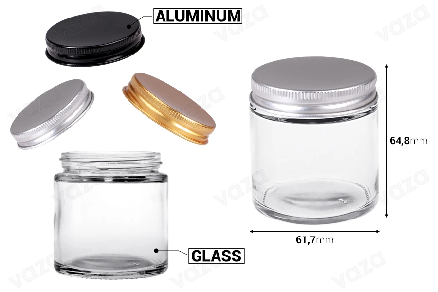 Barattolo di vetro 100 ml trasparente con coperchio in alluminio e fodera interna - 6 pz-dimensioni_immagine