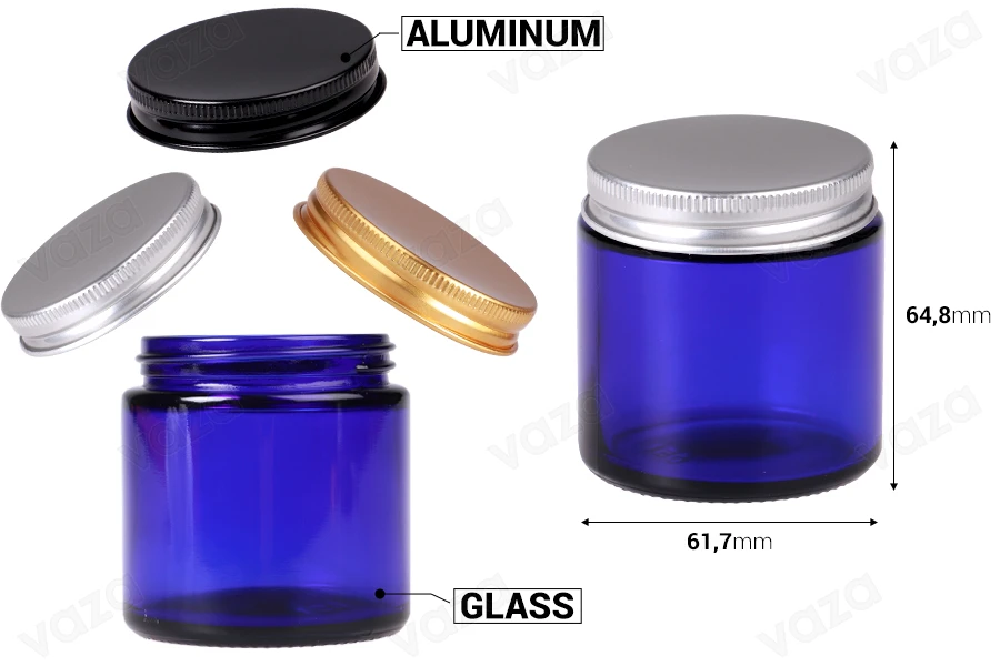 Γυάλινο βάζο 100 ml μπλε με καπάκι αλουμινίου και εσωτερικό liner - 6 τμχ Γυάλινο βάζο 100 ml μπλε με καπάκι αλουμινίου και εσωτερικό liner - 6 τμχ-εικόνα_διαστάσεις