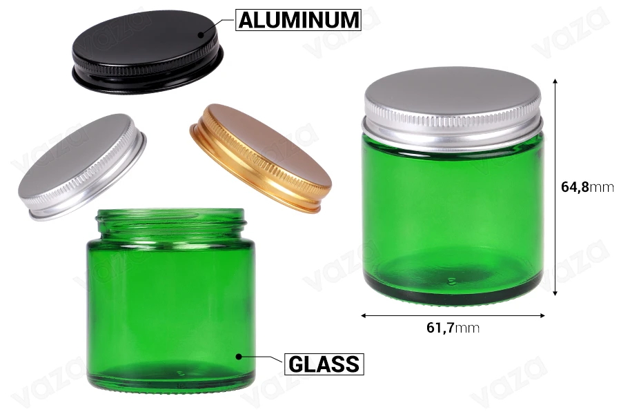 Barattolo di vetro 100 ml verde con coperchio in alluminio e fodera interna - 6 pz-dimensioni_immagine