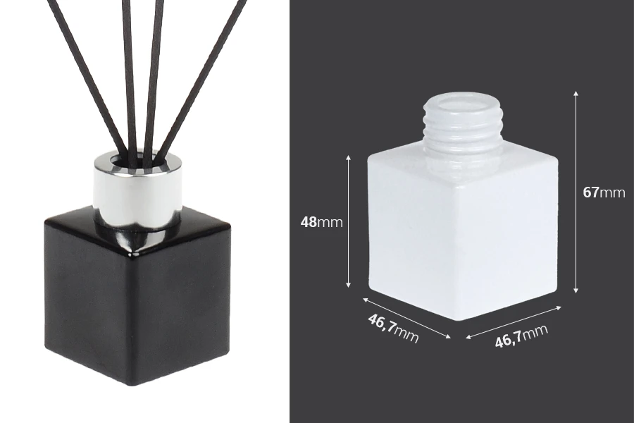 Γυάλινο μπουκάλι 50 ml (PP28) τετράγωνο σε λευκό ή μαύρο χρώμα κατάλληλο για αρωματικό χώρου Γυάλινο μπουκάλι 50 ml (PP28) τετράγωνο σε λευκό ή μαύρο χρώμα κατάλληλο για αρωματικό χώρου