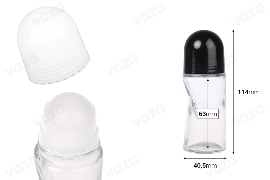 Flacone roll-on in vetro da 50 ml con tappo bianco o nero-dimensioni_immagine