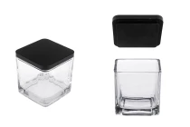 Γυάλινο διακοσμητικό τετράγωνο βάζο 130 ml 60x60x60 mm με ξύλινο καπάκι για κερί Γυάλινο διακοσμητικό τετράγωνο βάζο 130 ml 60x60x60 mm με ξύλινο καπάκι για κερί