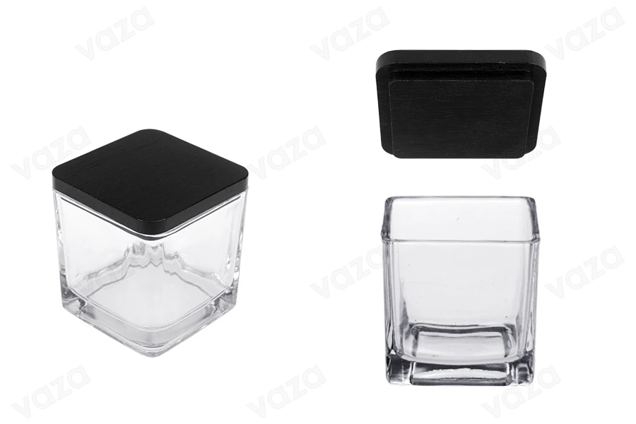 Γυάλινο διακοσμητικό τετράγωνο βάζο 130 ml 60x60x60 mm με ξύλινο καπάκι για κερί Γυάλινο διακοσμητικό τετράγωνο βάζο 130 ml 60x60x60 mm με ξύλινο καπάκι για κερί-εικόνα_προϊοντική