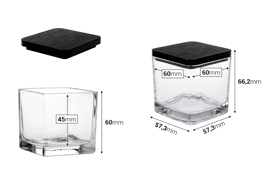 Γυάλινο διακοσμητικό τετράγωνο βάζο 130 ml 60x60x60 mm με ξύλινο καπάκι για κερί Γυάλινο διακοσμητικό τετράγωνο βάζο 130 ml 60x60x60 mm με ξύλινο καπάκι για κερί